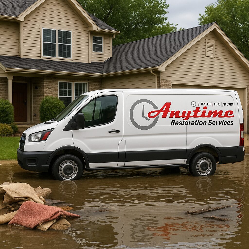 May 13, 2025, 12_31_38 PM Anytime Restoration van with the original red-and-gray ‘Anytime’ logo parked in front of a flooded brick house at sunset in Metro Detroit; headline reads ‘FLOOD DAMAGE? WE’RE ON OUR WAY!’ and Detroit skyline glows in background
