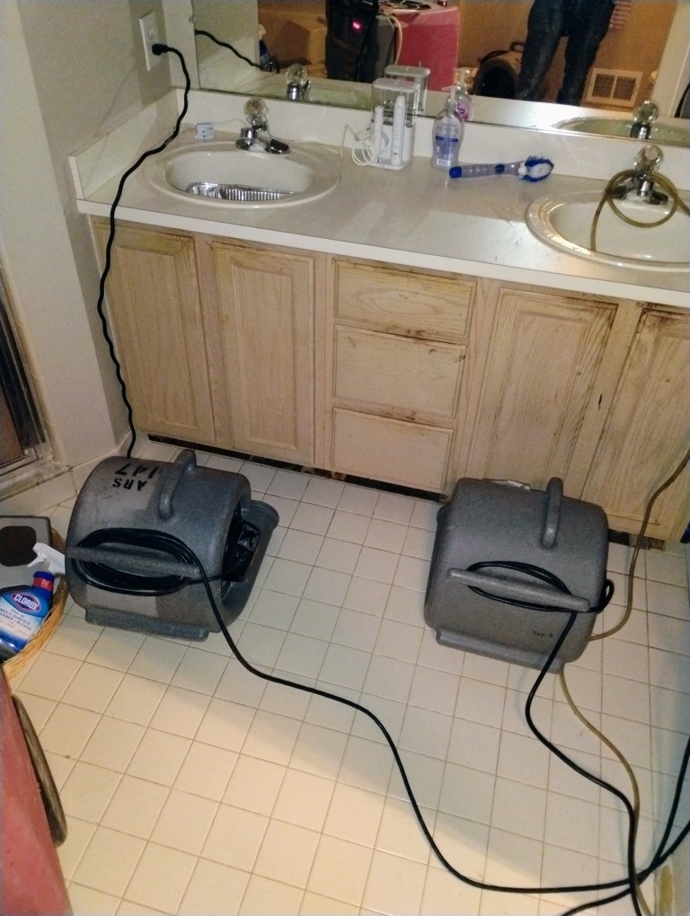 Bathroom restoration work after water damage in Washtenaw County